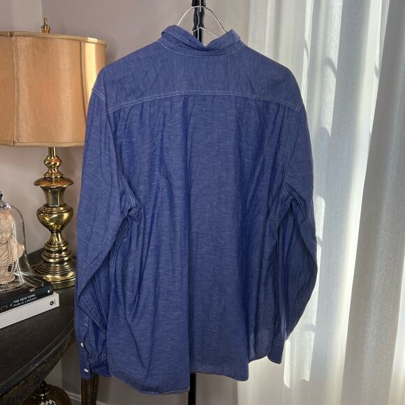 Blue Chambray Work Shirt Long Sleeve Button Up Mens Double Pocket - Picture 2 of 7
